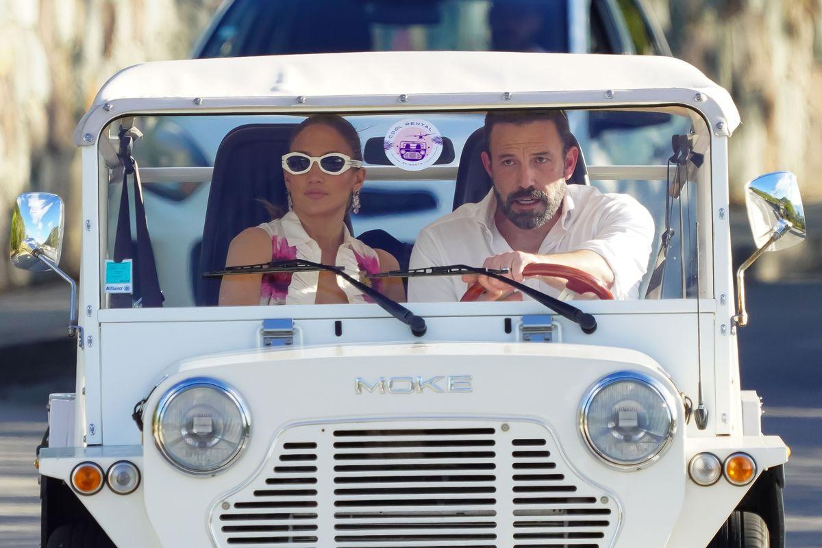 EXCLUSIVE: Jennifer Lopez and Ben Affleck strolling and shopping before driving off in a dinky Mini Moke in St Bart’s. The loved-up couple looked happy and relaxed as they held hands as they wandered around the shops in the island’s capital Gustavia on Friday afternoon. A day earlier, Ben stayed out of the sunshine as Jenny From the Block” singer J Lo, 54, showed off her amazing abs as she walked on the beach wearing a white string bikini top and stylish wide-brim straw hat. Last month, Lopez released the trailer for “This Is Me... Now” — a film co-written by her Oscar-winning husband — in which she looked equally fit. 29 Dec 2023 Pictured: Jennifer Lopez and Ben Afleck. Photo credit: EliotPress / MEGA TheMegaAgency.com sales@mega.global
