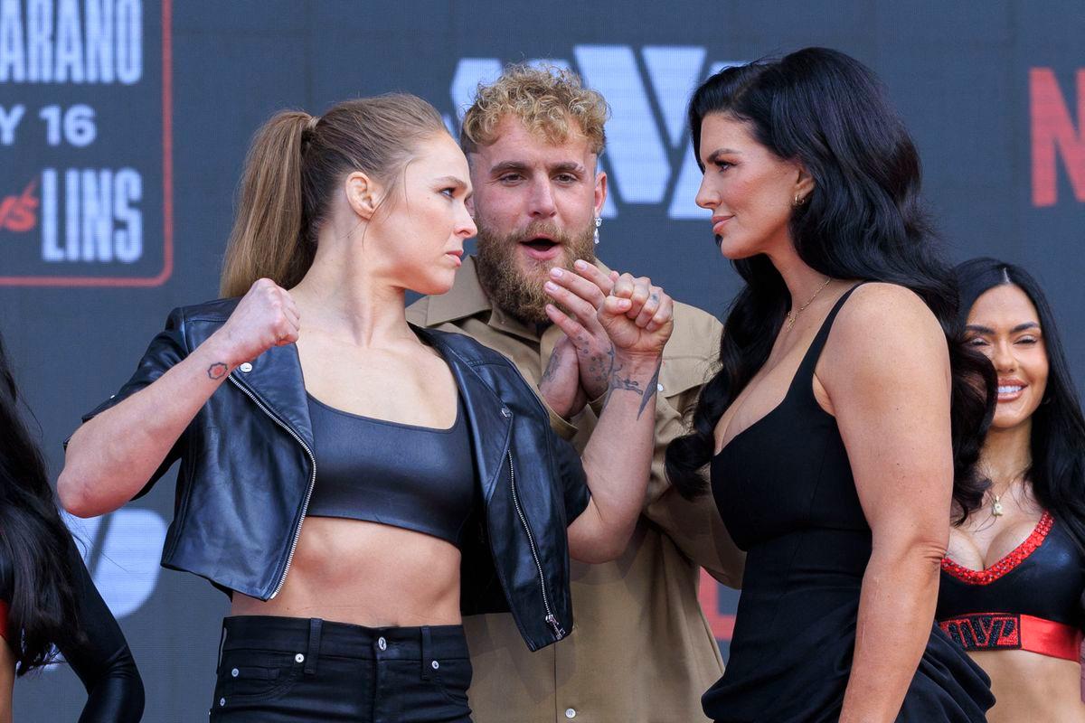 R) Nakisa Bidarian Francis Ngannou, Ronda Rousey, Gina Carano, Philipe Lins and Jake Paul pose for photos during a Most Valuable Promotions press conference on Tuesday March 10, 2026 at Intuit Dome Arena in Inglewood, California. 10 Mar 2026 Pictured: R) Ronda Rousey, Jake Paul and Gina Carano during a Most Valuable Promotions press conference on Tuesday March 10, 2026 at Intuit Dome Arena in Inglewood, California. ARIANA RUIZ/PI. Photo credit: ZUMAPRESS.com / MEGA TheMegaAgency.com sales@mega.global